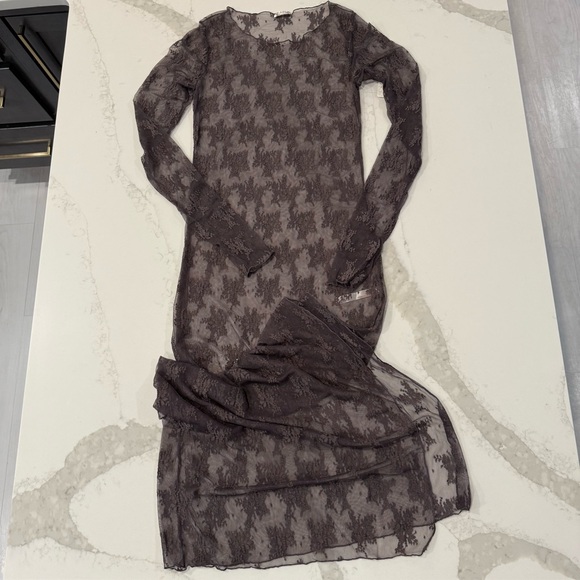 Free People NWT Lady Lux Maxi Sheer Lace Slip Dress Womens Medium Dark Gull Gray - Picture 3 of 10